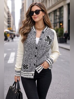 Young & Reckless Black Off-White Varsity Knit Cardigan Sweater M